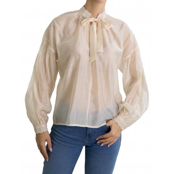 Camicia con collo alla coreana ricamato e laccio 